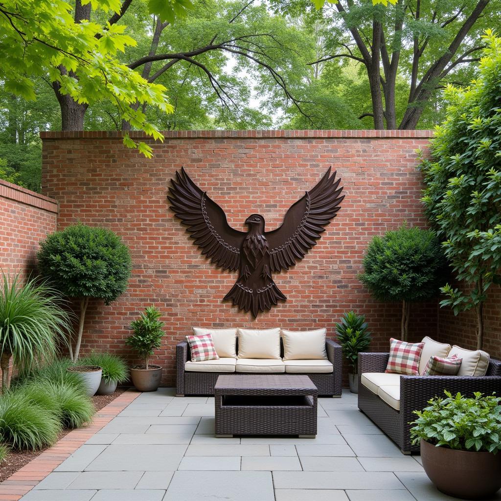 Eagle metal wall art on an outdoor patio