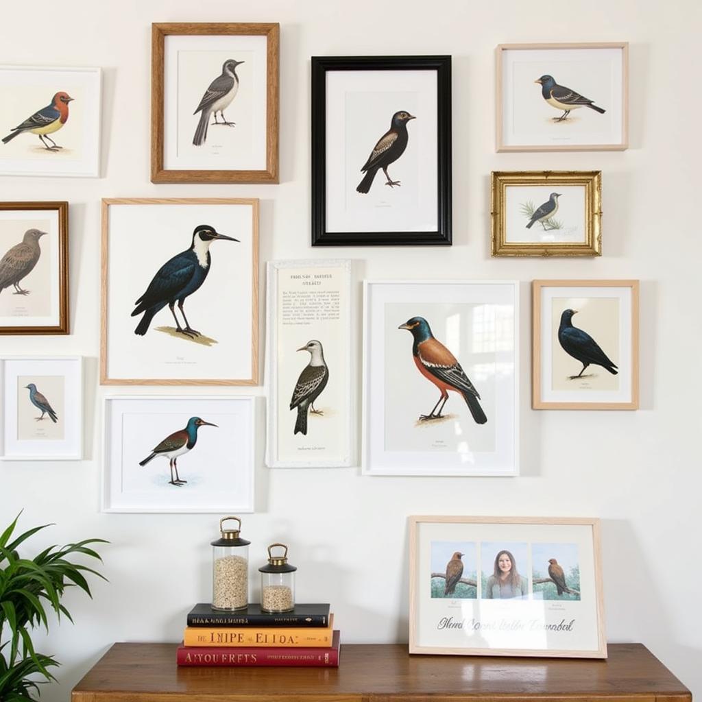 Eclectic gallery wall featuring various bird prints, showcasing different styles and frames