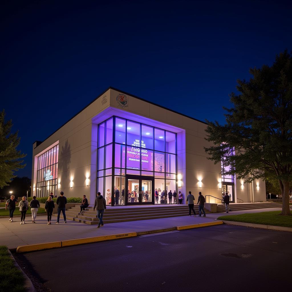 Exterior view of the Edgewood Performing Arts Center at night, showcasing its modern architecture and inviting ambiance.