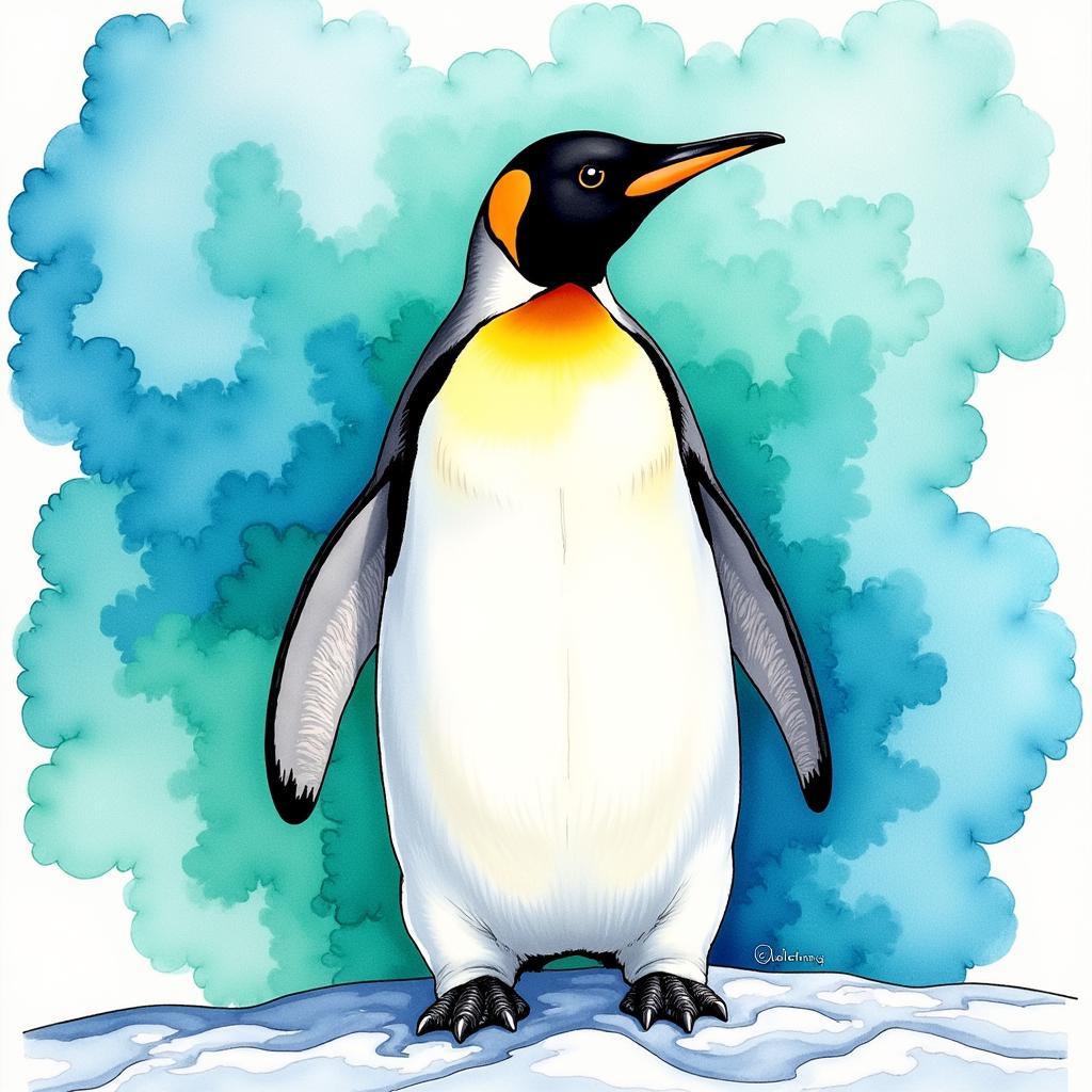 Emperor Penguin Watercolor Wall Art depicting a majestic emperor penguin against a backdrop of swirling blues and greens