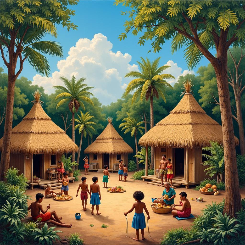 A vibrant painting by Enoch Kelly Haney depicts a traditional Seminole village scene, showcasing daily life and cultural practices.