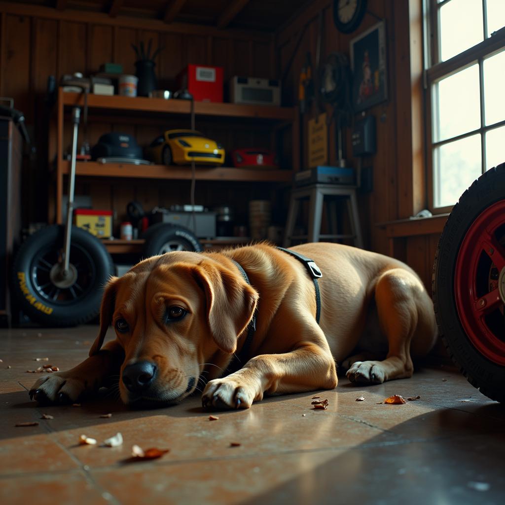 Enzo contemplating life lessons in Denny's garage