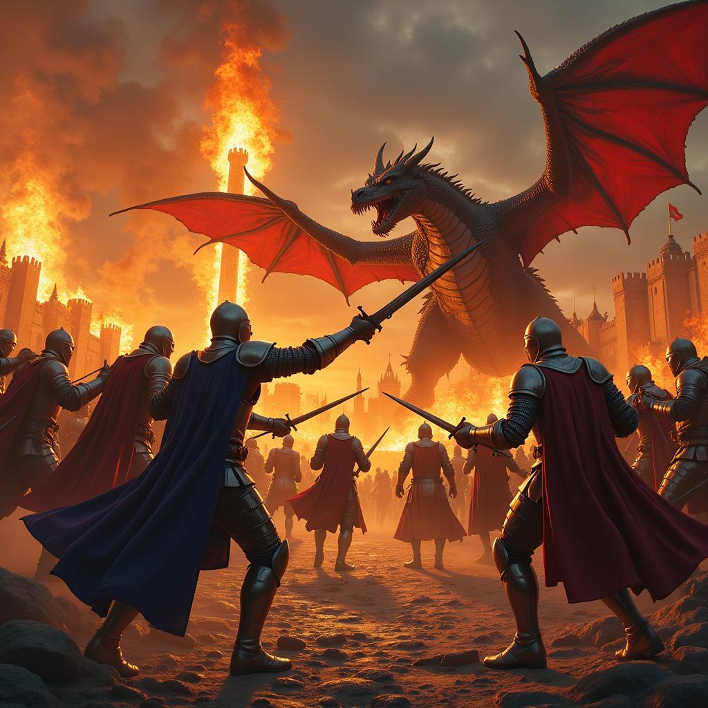 Epic Battle Scene in Fantasy Art: Dragons and Knights Clash