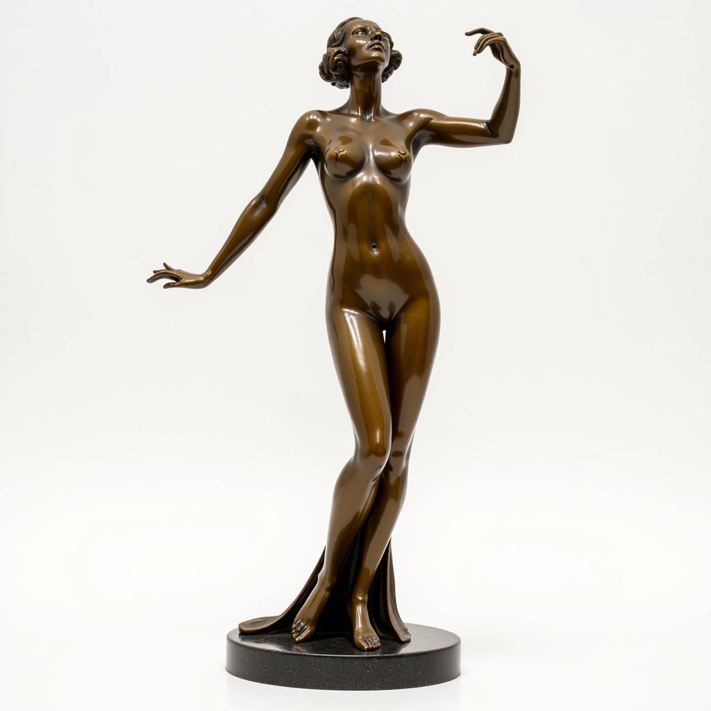 Erte Art Deco Statue with Bronze Finish: A bronze statue of a stylized female figure in a dramatic pose, highlighting Erte's theatrical background and the Art Deco aesthetic.