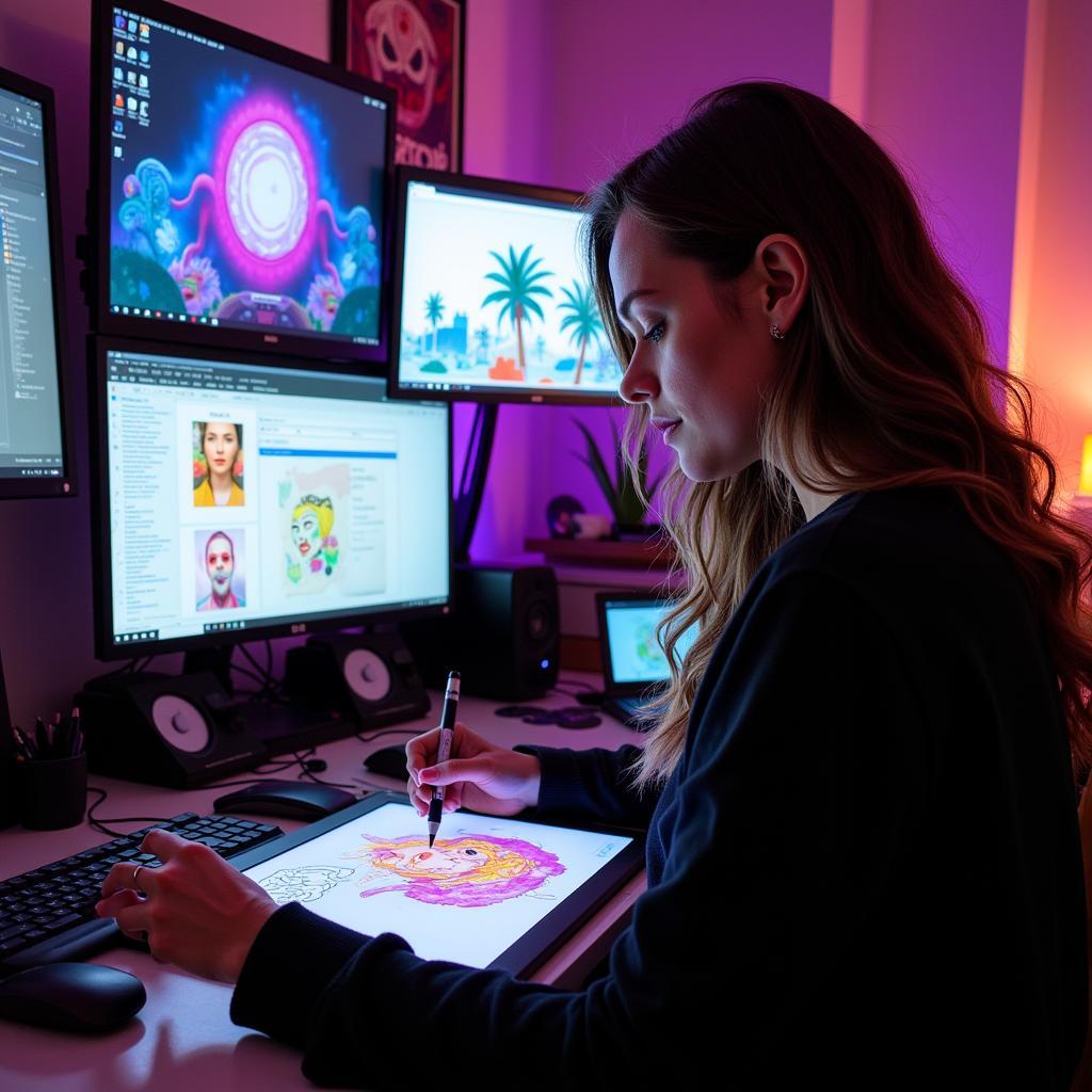 Evangaline Writer in her LA studio working on a digital art piece