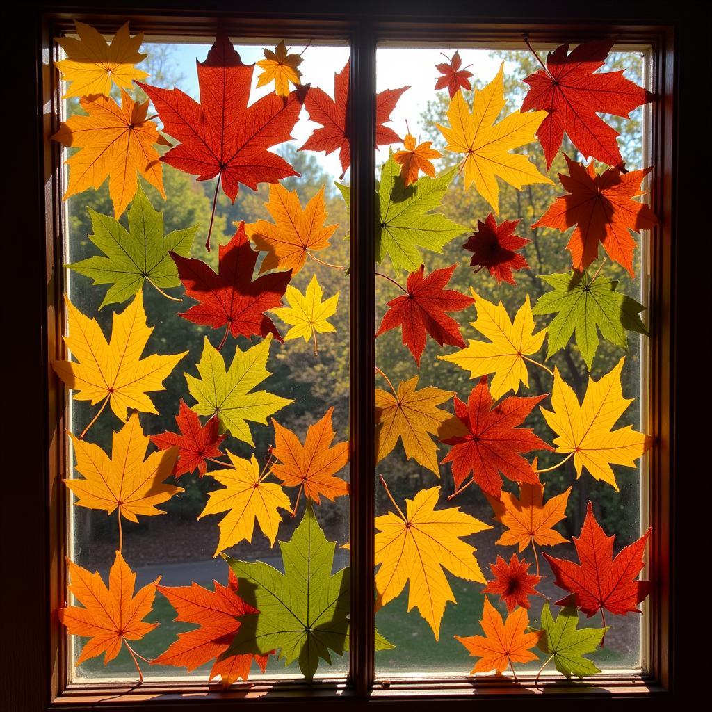 Autumn leaves arranged on a window pane