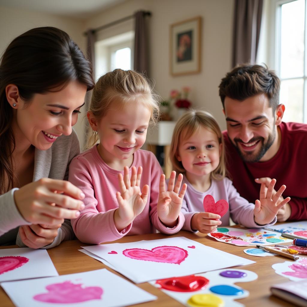 Family Creating Valentine's Day Handprint Art