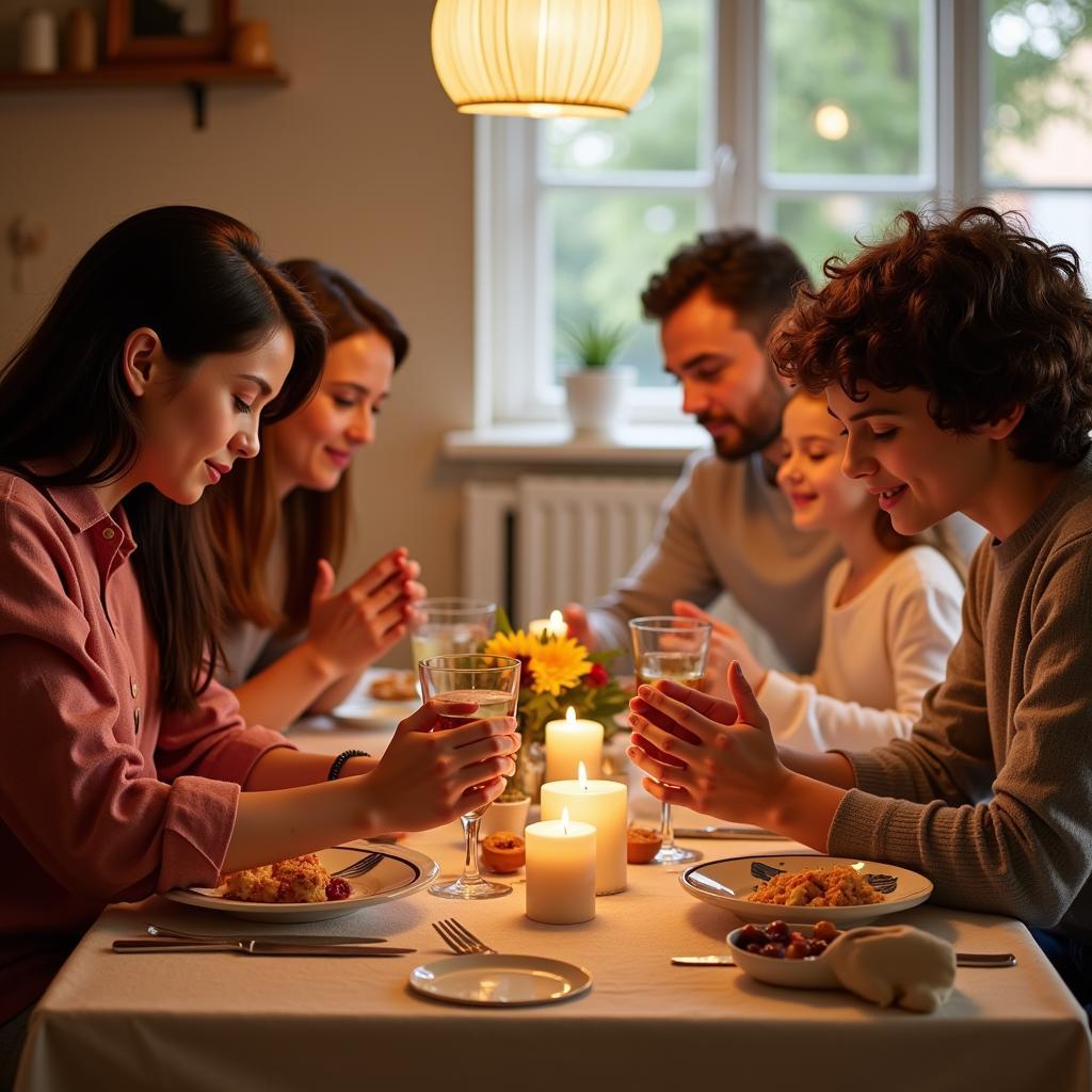 Family Praying Together at Dinner Table