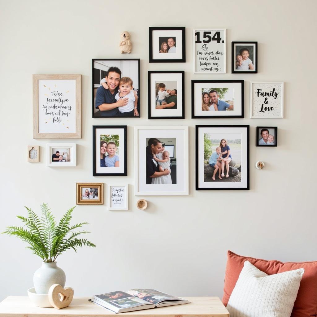 A gallery wall showcasing family photos and quotes.