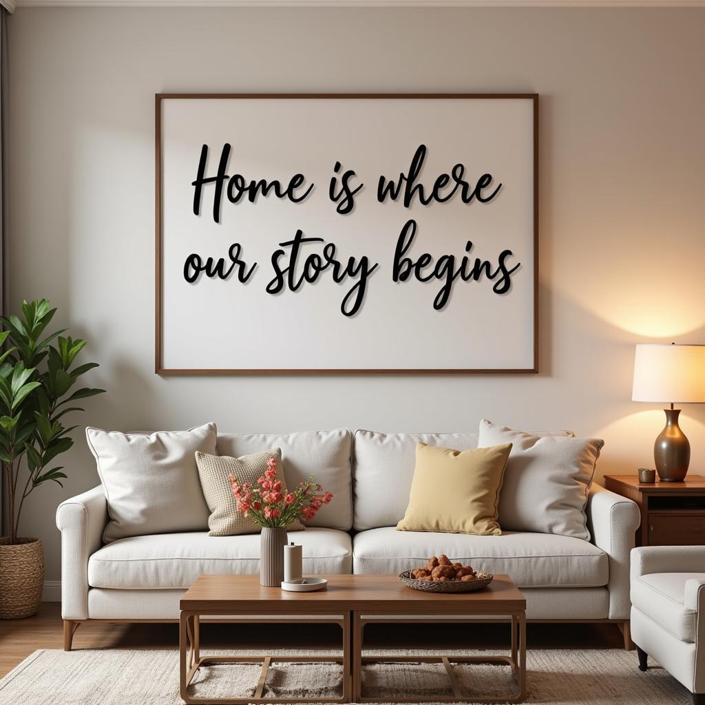 Family quote wall art adds warmth to a living room.