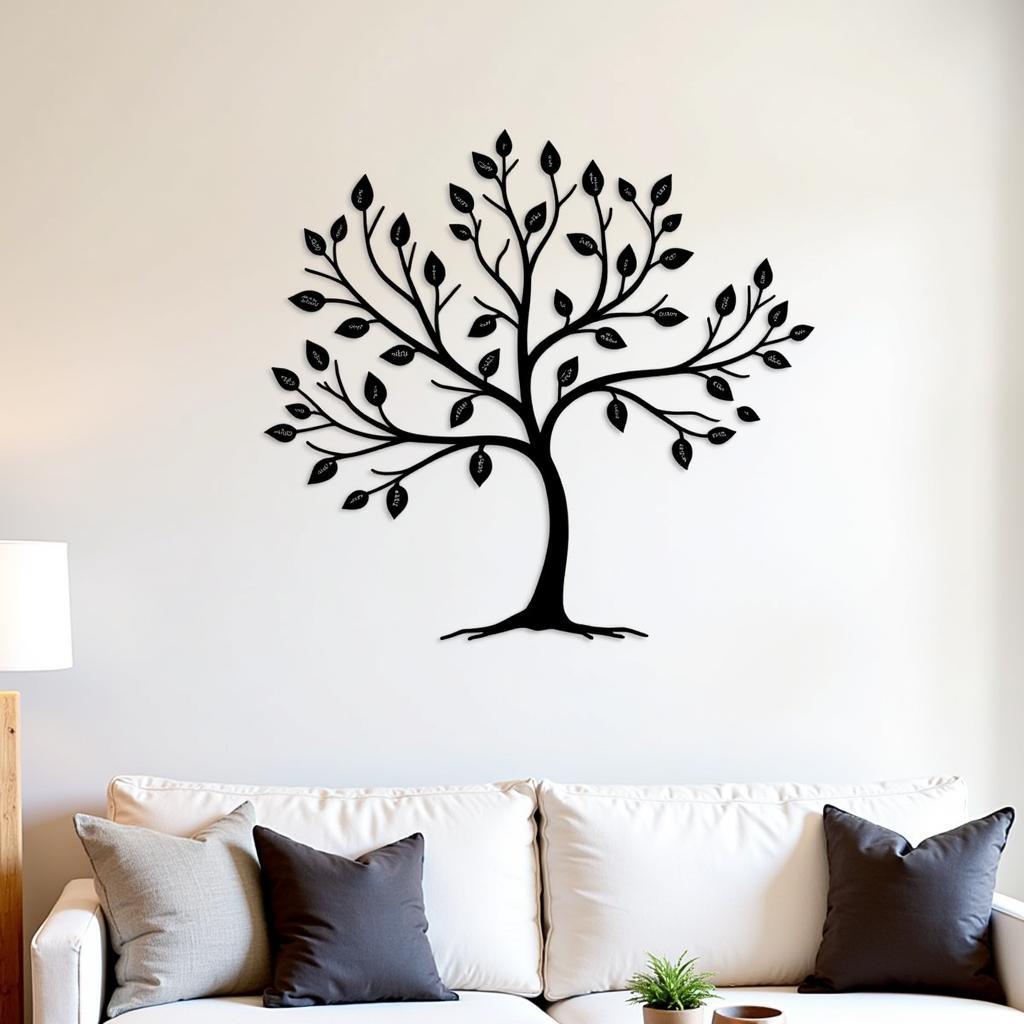 Modern Metal Family Tree Wall Art in a Living Room