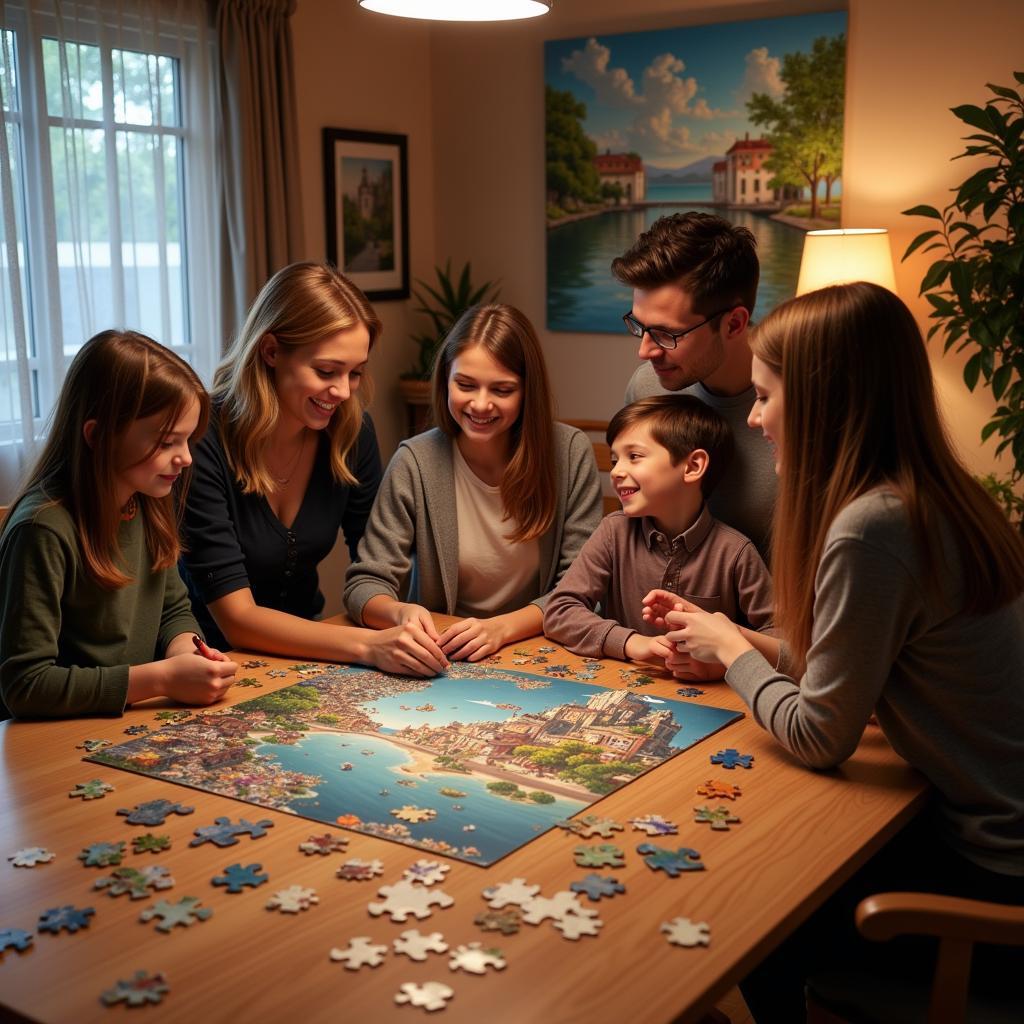 Family enjoying an art painting puzzle together