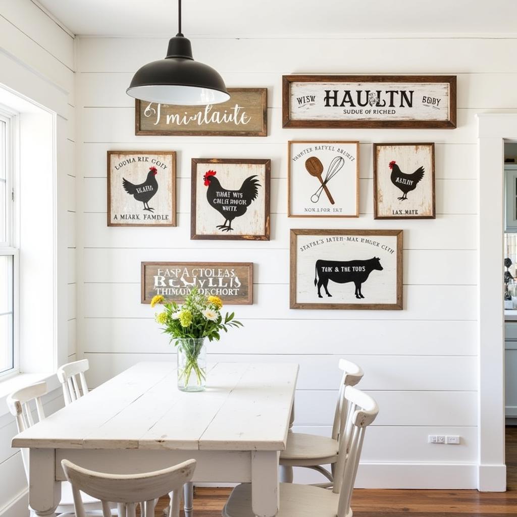 Rustic metal signs depicting farm animals and vintage kitchen tools hanging on a shiplap wall in a farmhouse kitchen.