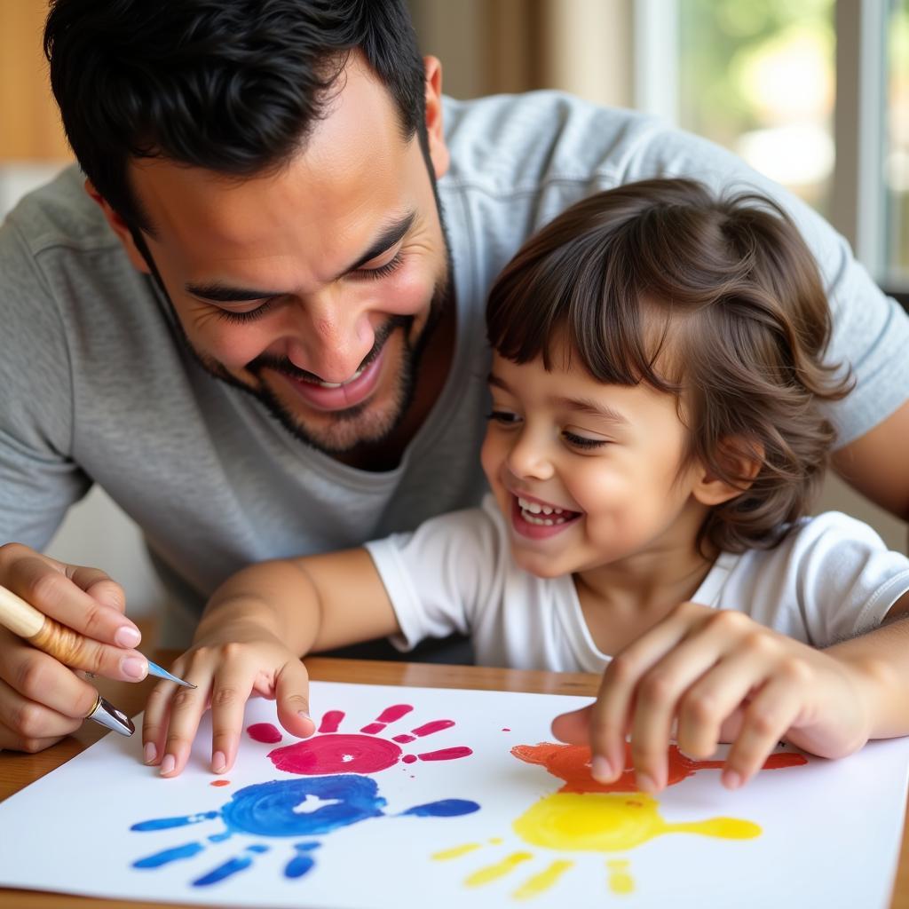 A father and child joyfully creating handprint art together.