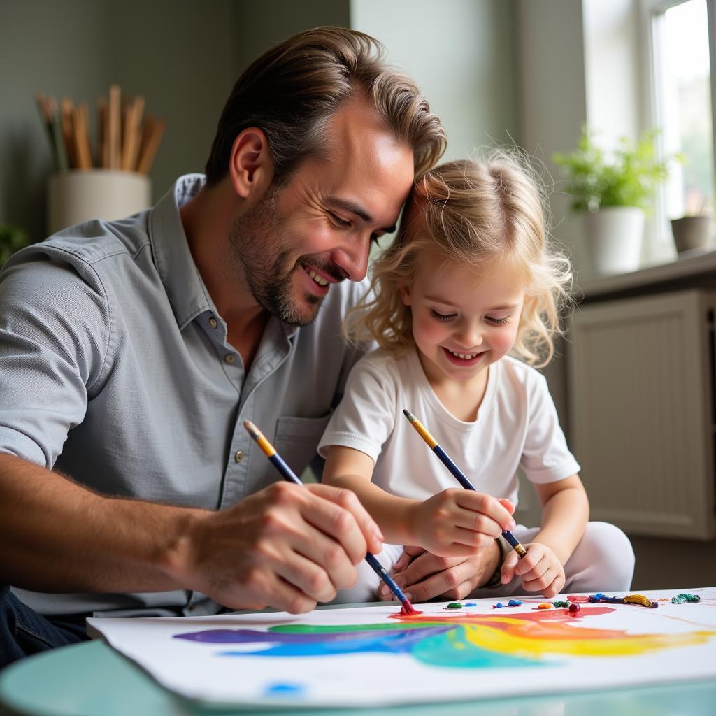 Father and Daughter Painting on Canvas Together