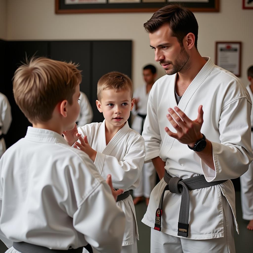 Father and Son Learning Martial Arts from Instructor 