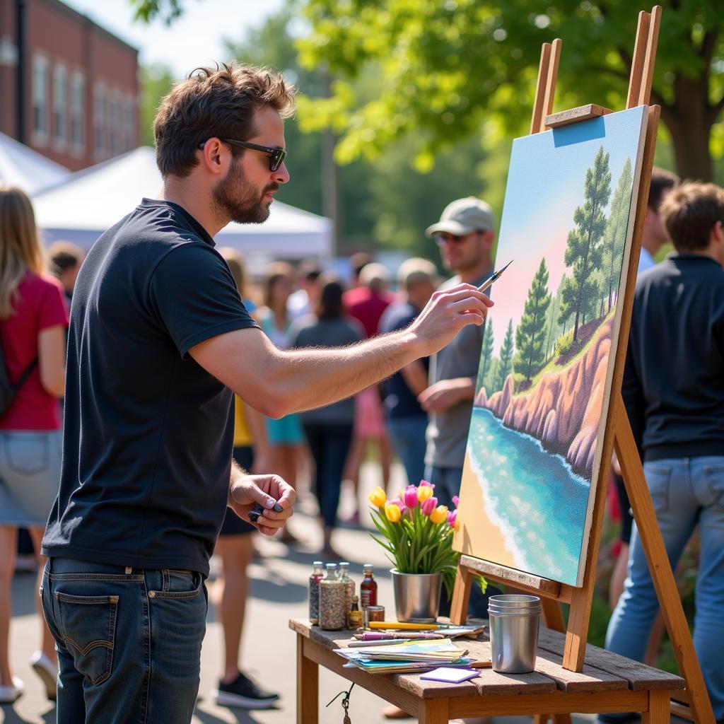 Artist demonstrating their painting technique at Fayetteville Art Walk.