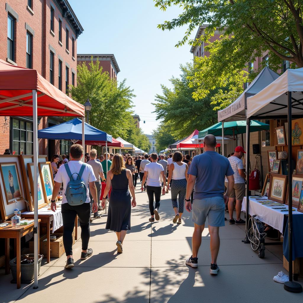 Fayetteville Art Walk downtown scene with artists displaying their work and people strolling.