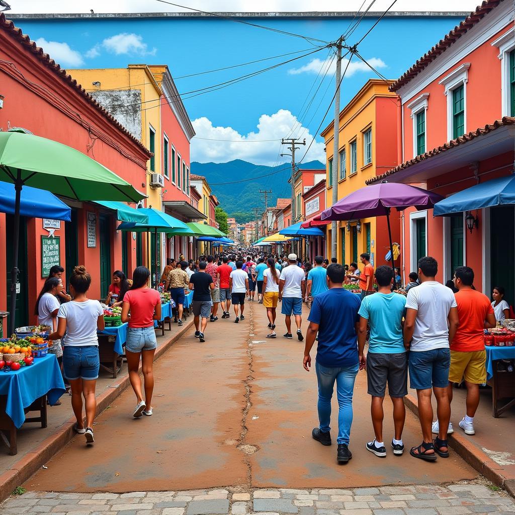 Fernando Llort Mural: El Salvador Street Scene with Vibrant Colors