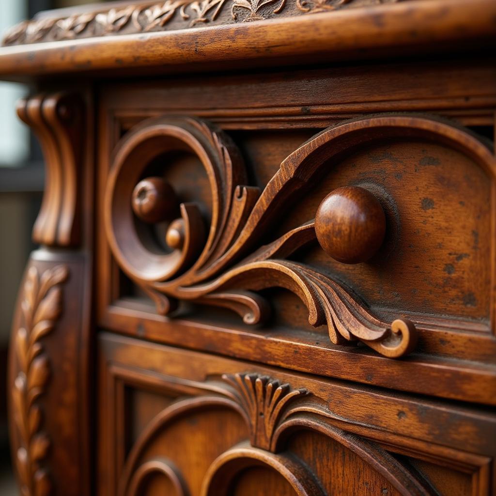 Intricate Wood Carving Detail on a Fine Arts Furniture Piece