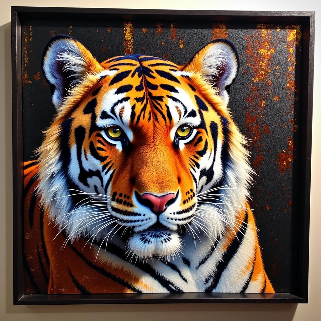 A completed tiger diamond art painting, showcasing the shimmering and vibrant final product.