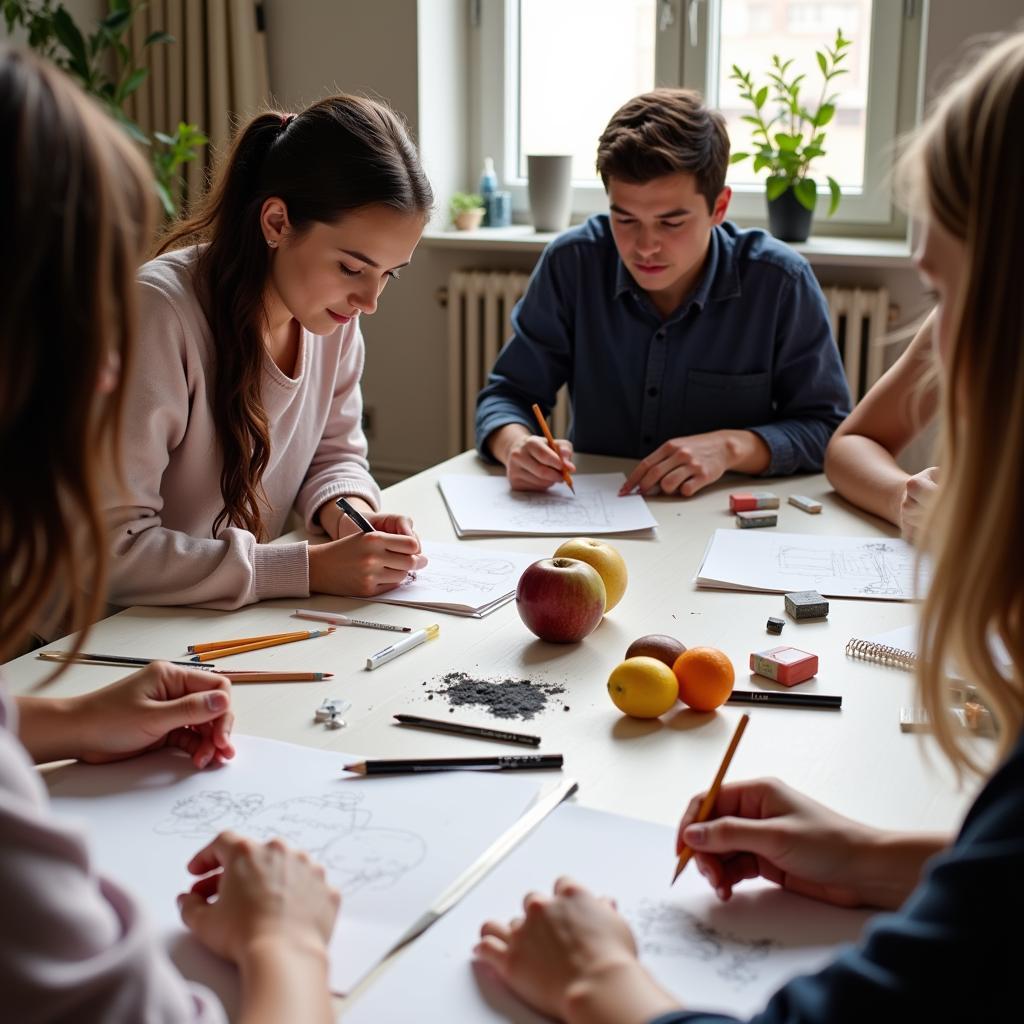 Students drawing a still life on the first day of art class