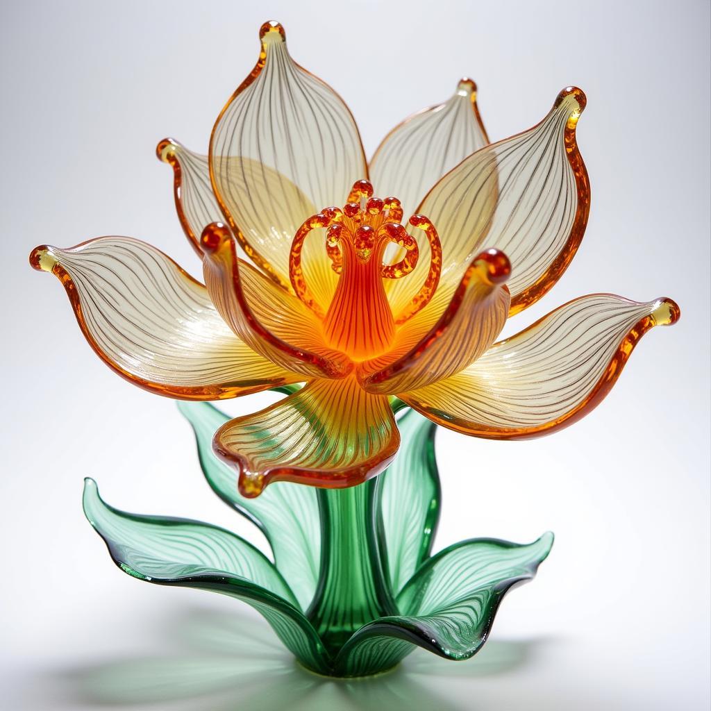 Intricate glass sculpture of a blooming flower, an example of beautiful floral art in a different medium.