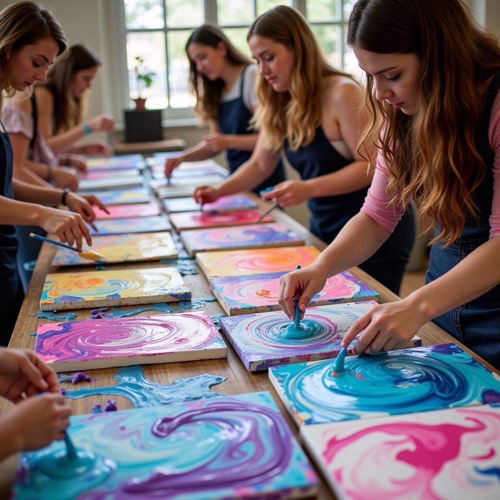 Fluid art painting workshop in progress, showing vibrant colors blending together on a canvas.