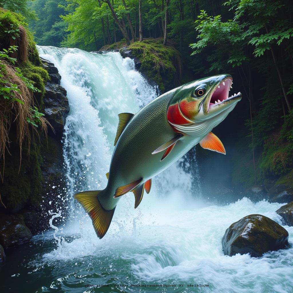 Fly Fishing Poster Depicting Salmon Jumping a Waterfall