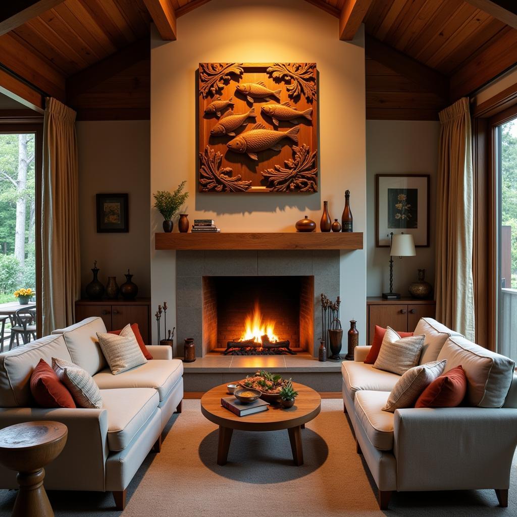 Intricate Flying Fish Wood Carving Above Fireplace in Cozy Living Room