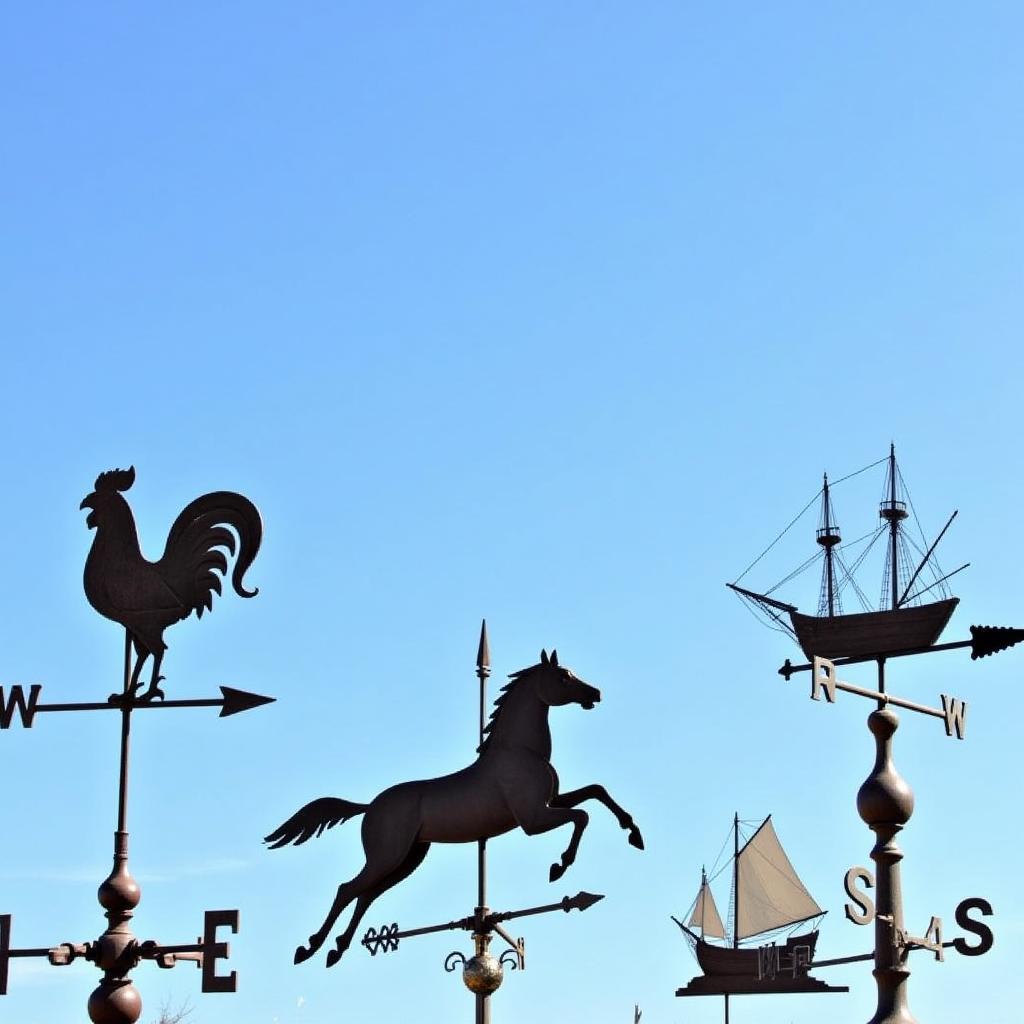 A diverse collection of antique weathervanes, showcasing different styles and craftsmanship within American folk art.