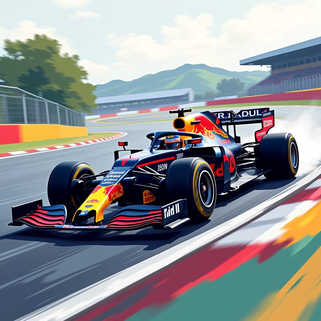 Formula One Racing Car Print: A dynamic illustration of a modern F1 car speeding through a corner, showcasing the vibrant colors and intricate details of its livery.