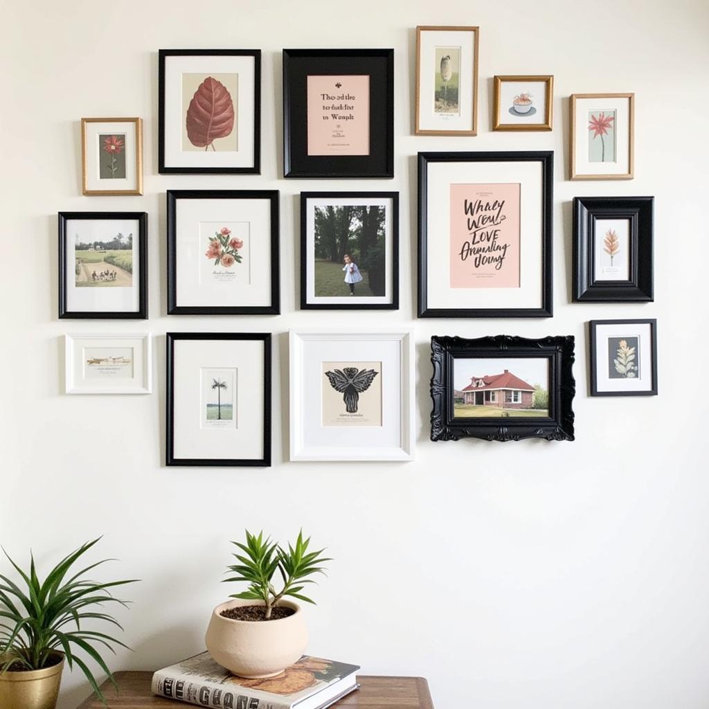 Framed art prints displayed on a gallery wall