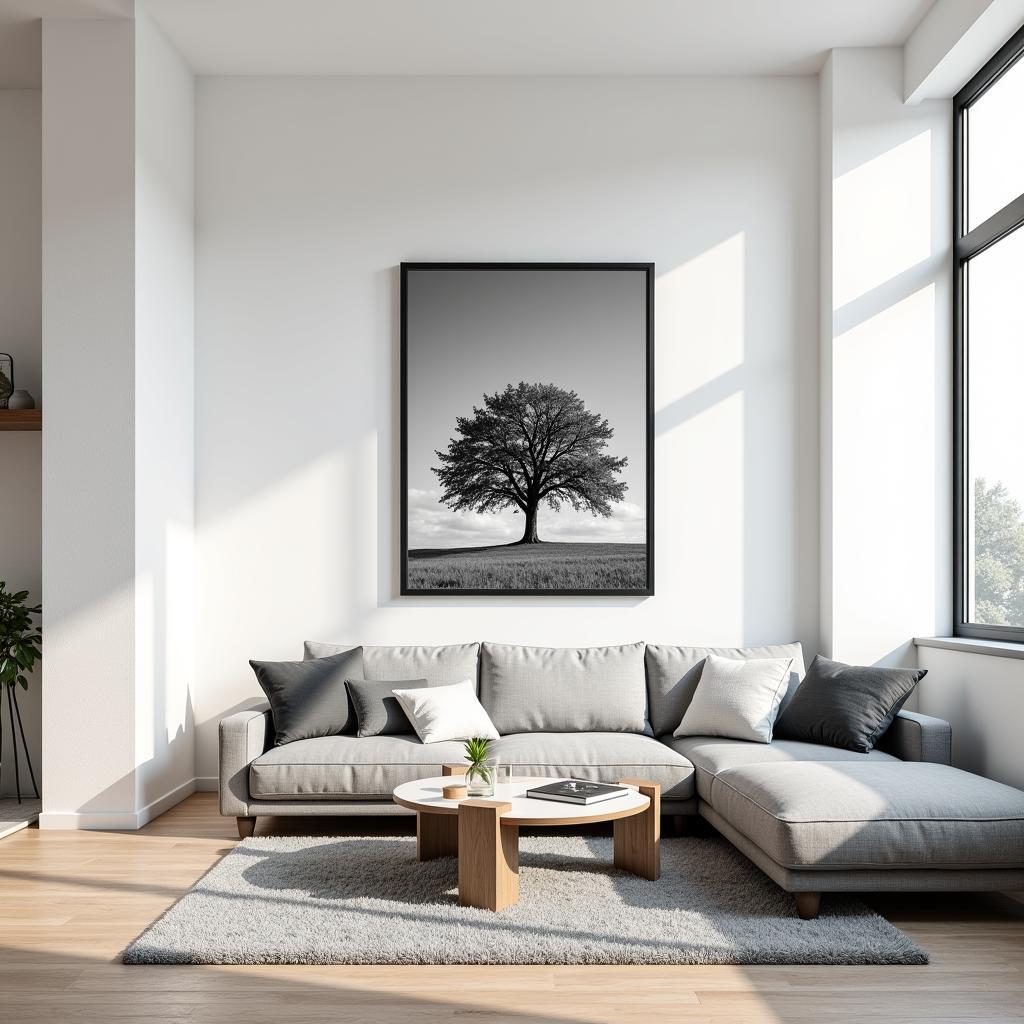 Framed Black and White Tree Photography in a Modern Living Room