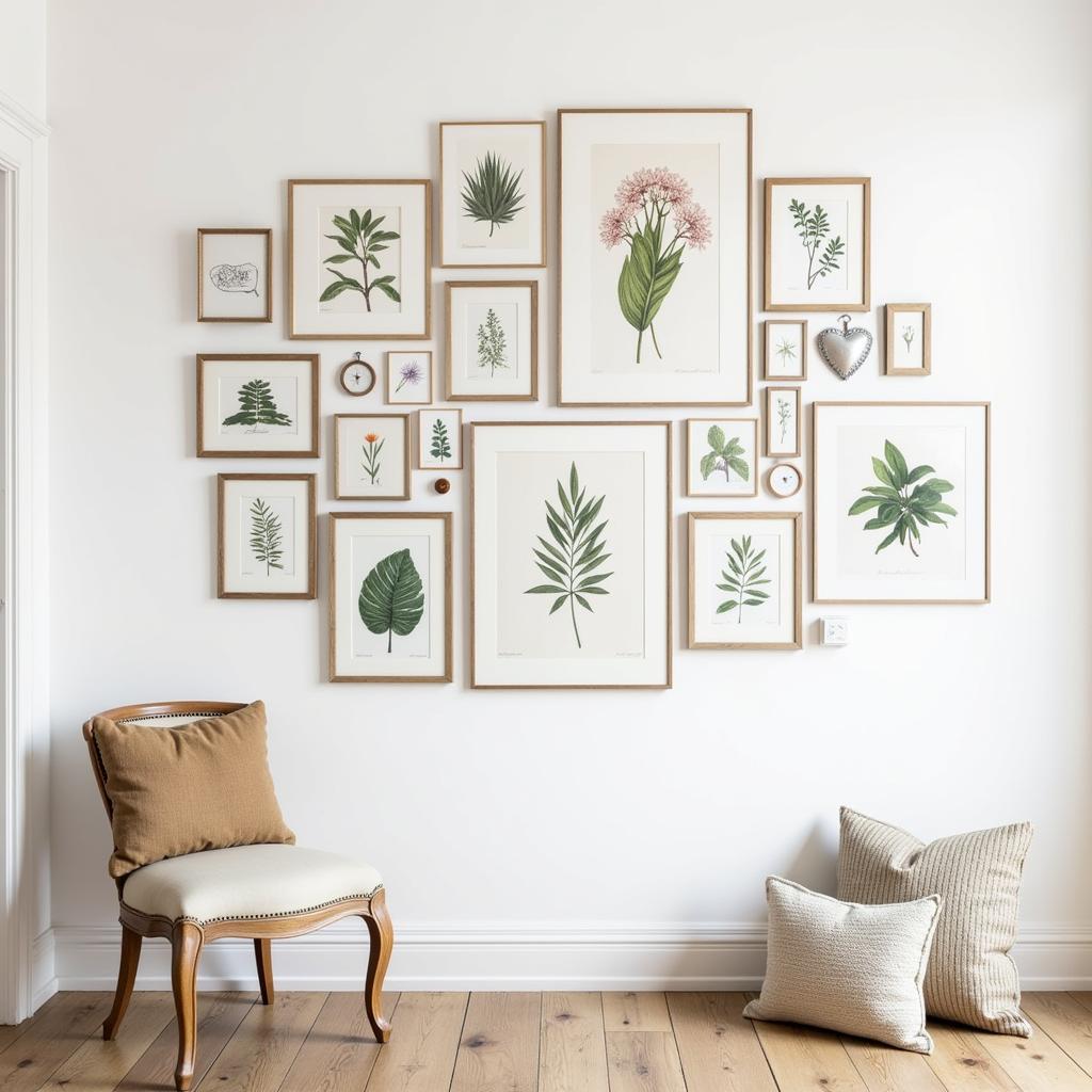 Gallery wall featuring a collection of framed botanical art prints in different sizes and styles.