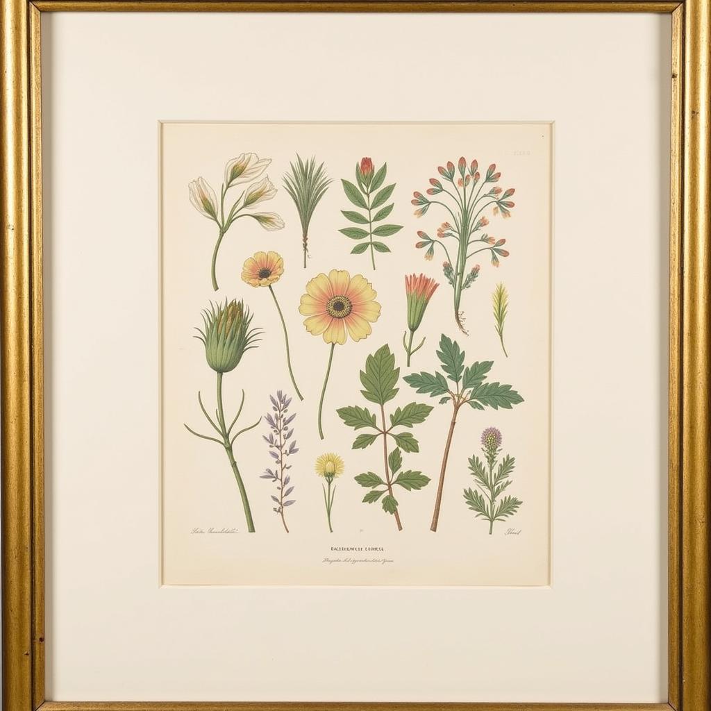 Vintage framed botanical illustration of diverse flowers and leaves with detailed linework and soft color palette.