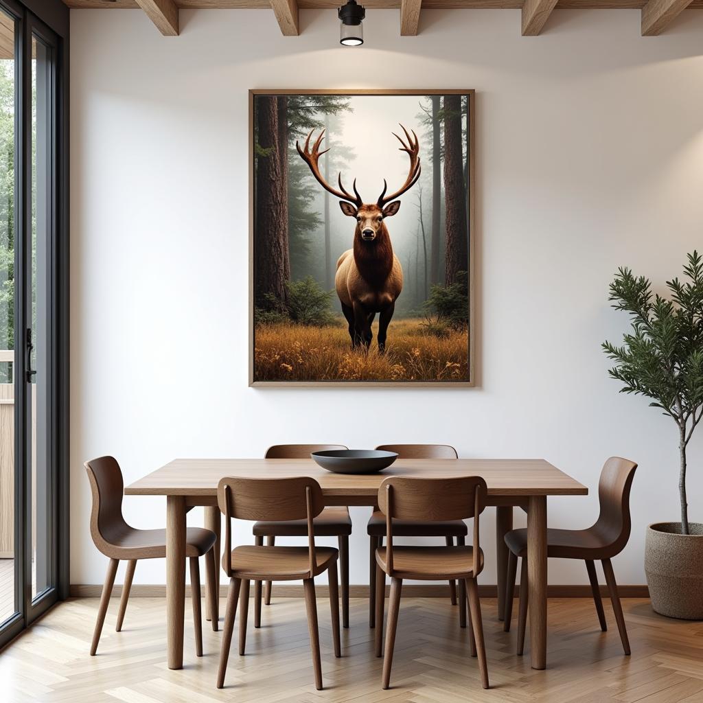 Framed Elk Canvas Wall Art in a Dining Room