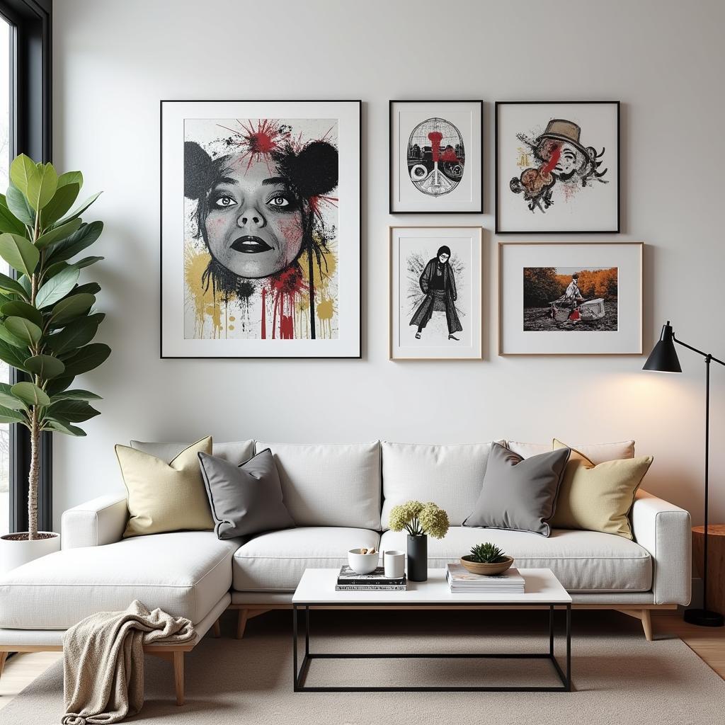 Framed street art on display, showcasing a curated urban art collection in a modern interior.