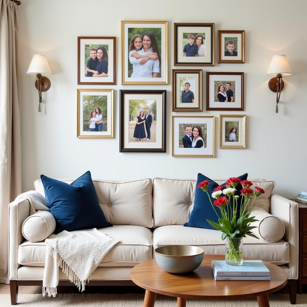 Framed family portraits displayed on a gallery wall