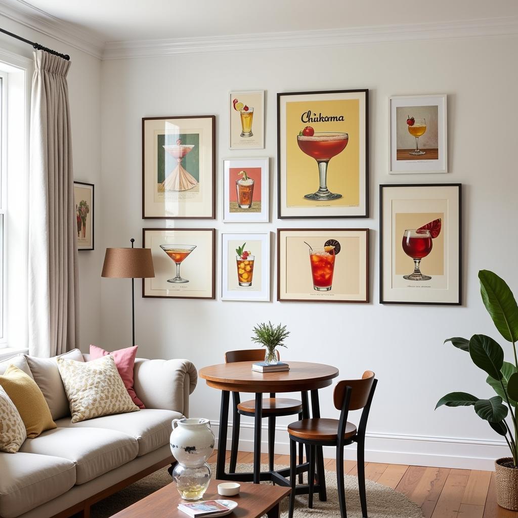 Framing and Displaying Vintage Cocktail Art: Various examples of framed vintage cocktail art displayed in different settings, including home bars, kitchens, and living rooms.