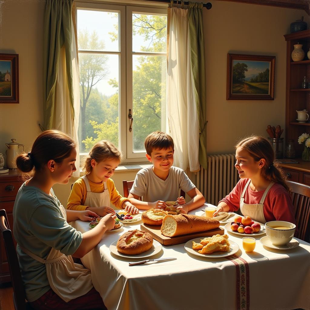 French Country Kitchen Scene with Family Gathering