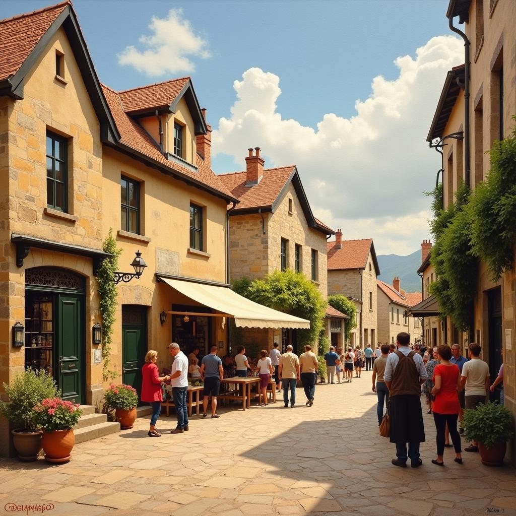 A painting of a bustling village scene in the French countryside