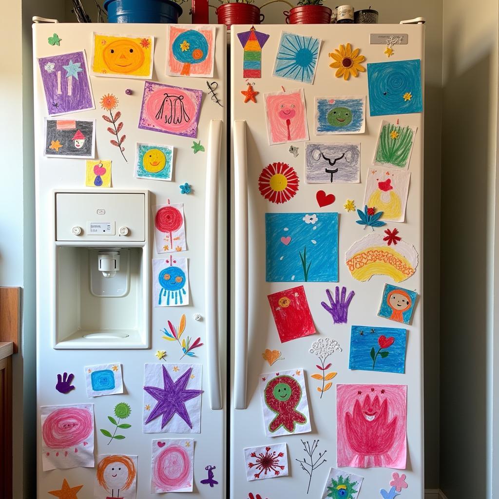 Refrigerator covered in colorful children's artwork, showcasing a variety of styles and techniques.