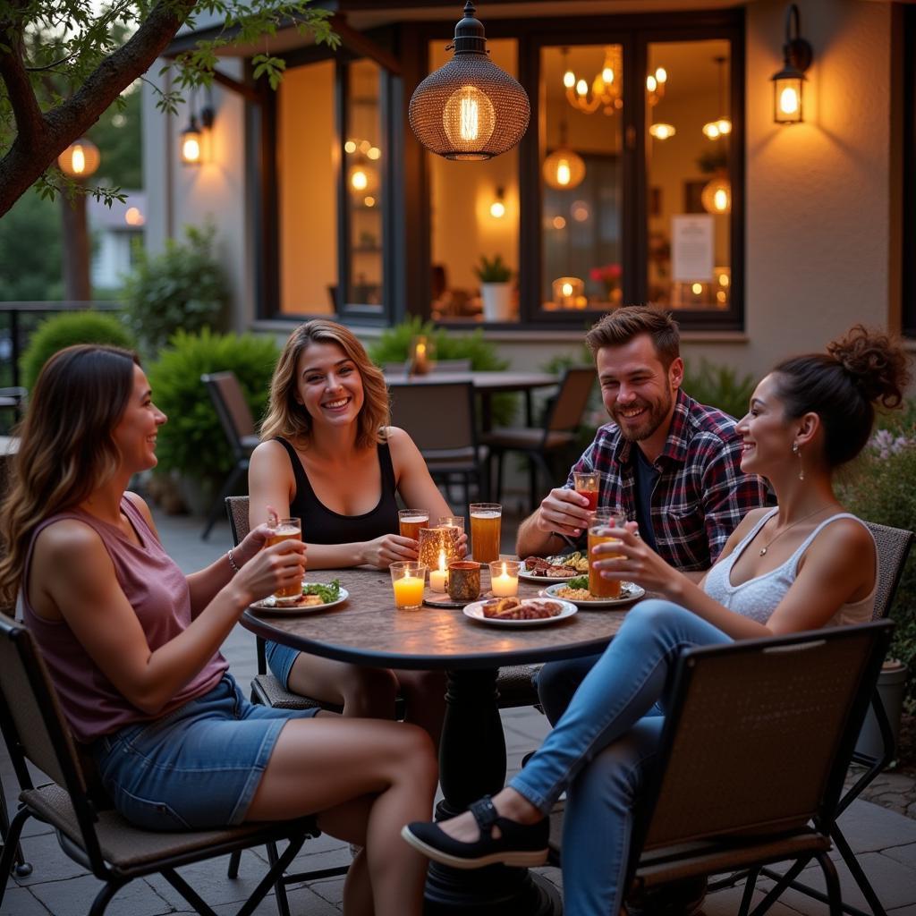 Friends Enjoying Drinks and Conversation on an Outdoor Patio