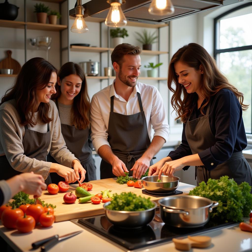 Friends laughing and enjoying themselves while cooking together in a kitchen.