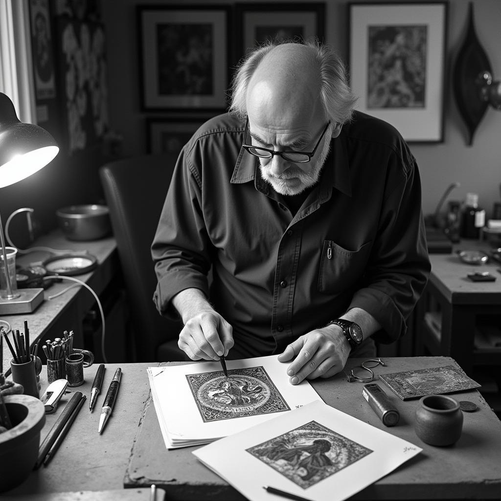 Portrait of Fritz Eichenberg at work in his studio