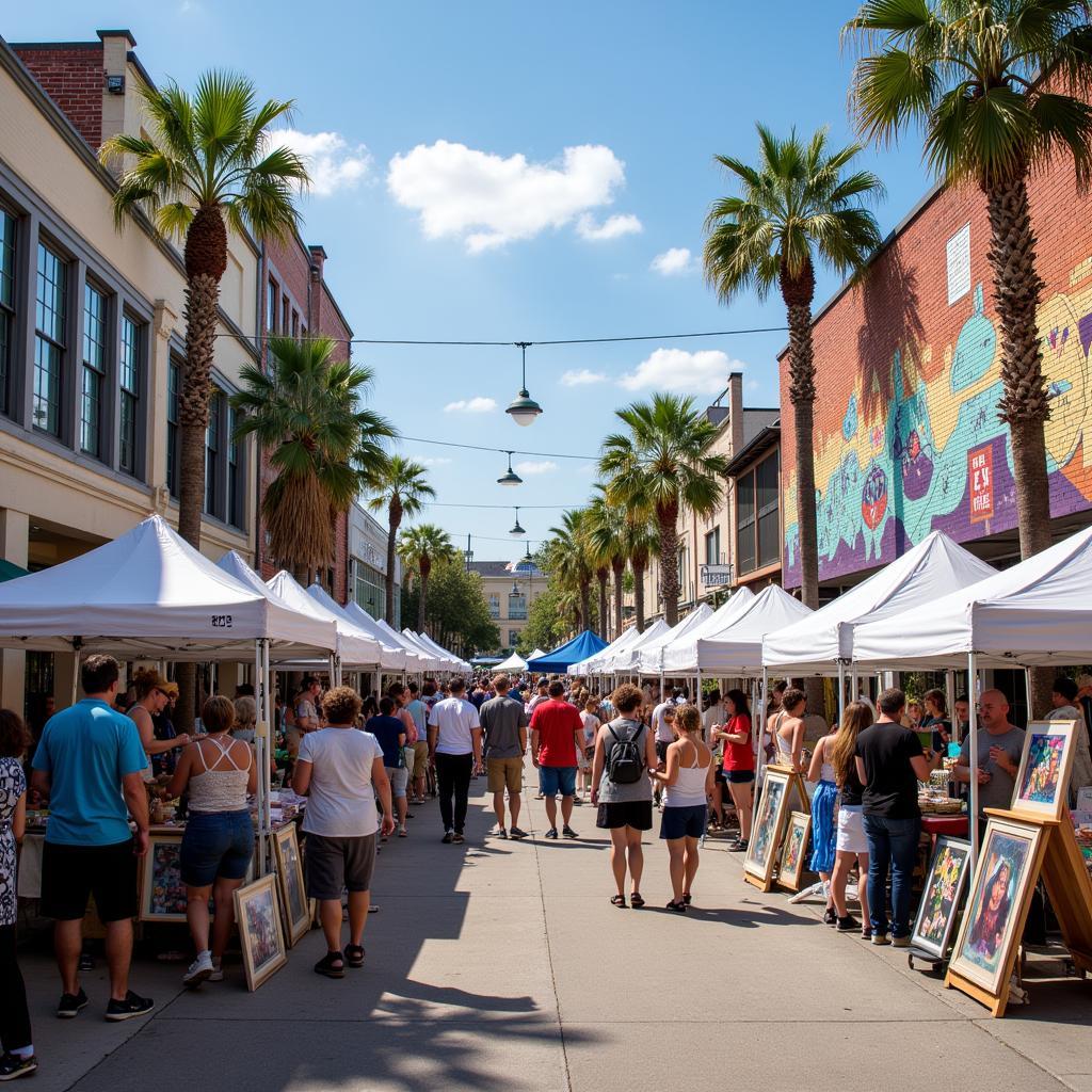 Gainesville Downtown Art Show with vibrant street art and people enjoying the exhibits.