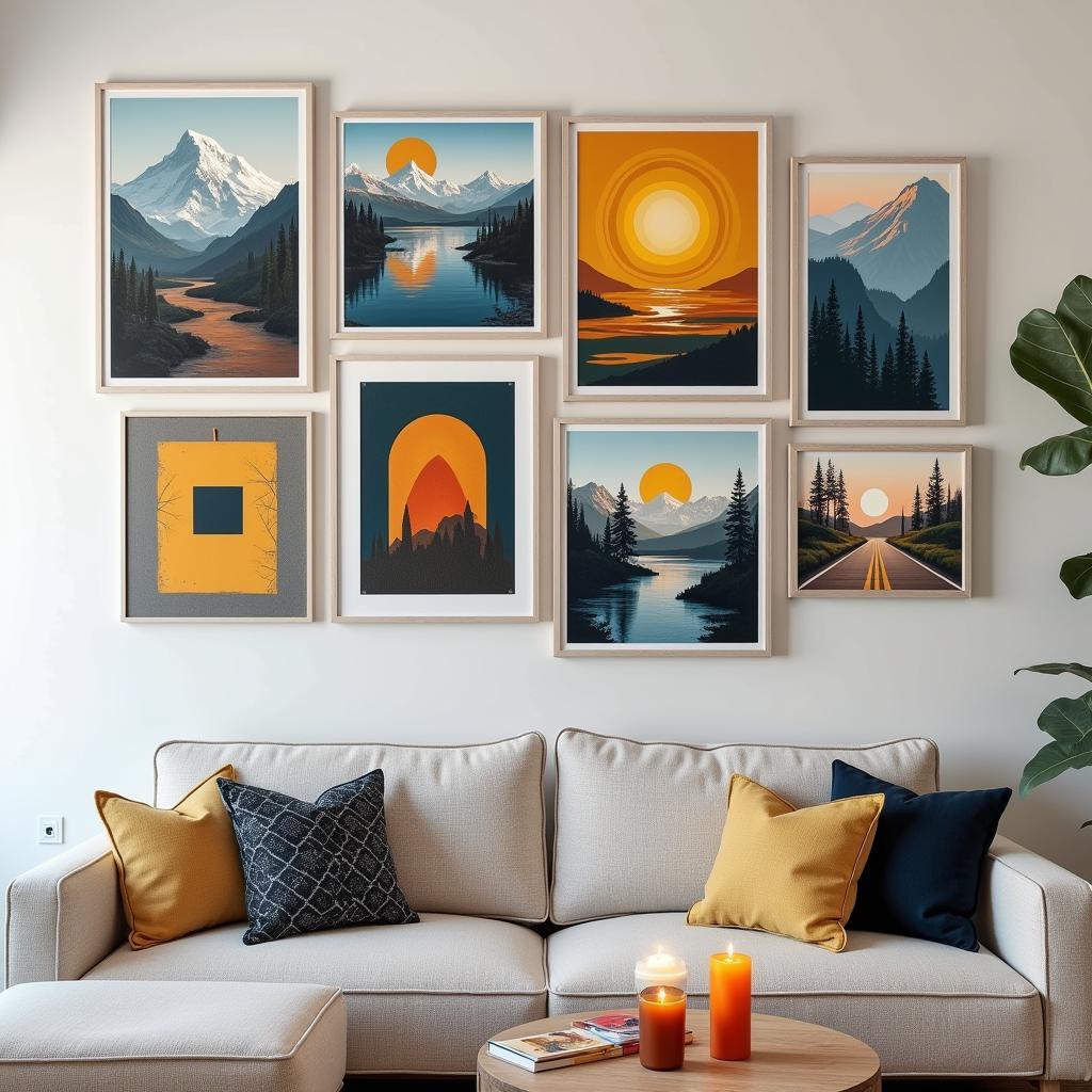 A gallery wall featuring diverse 4-piece canvas art sets creates a visually engaging and personalized display in a modern living room, blending various artistic styles and themes.