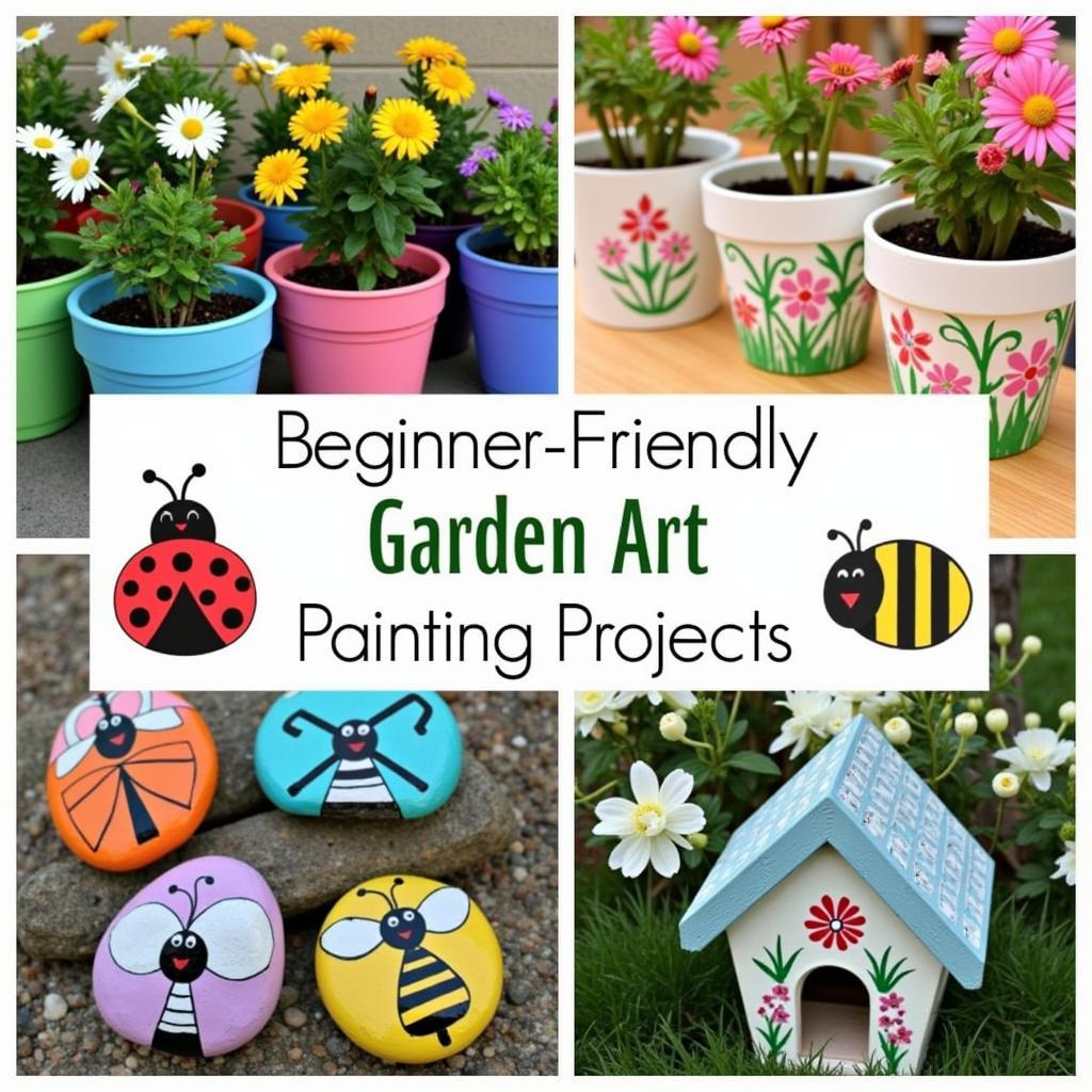 Beginner-friendly garden art painting ideas showcasing painted flower pots, rocks, and birdhouses.