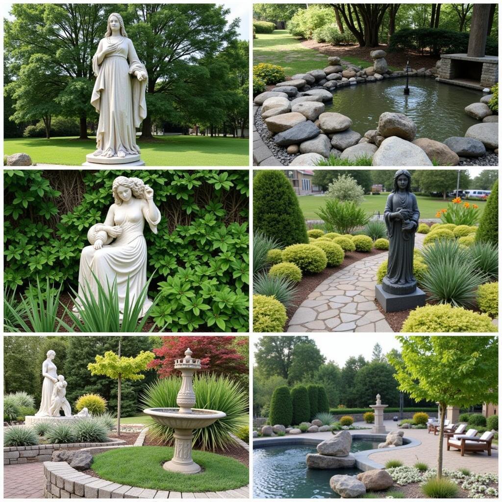 Examples of effective garden art placement in different landscape settings.